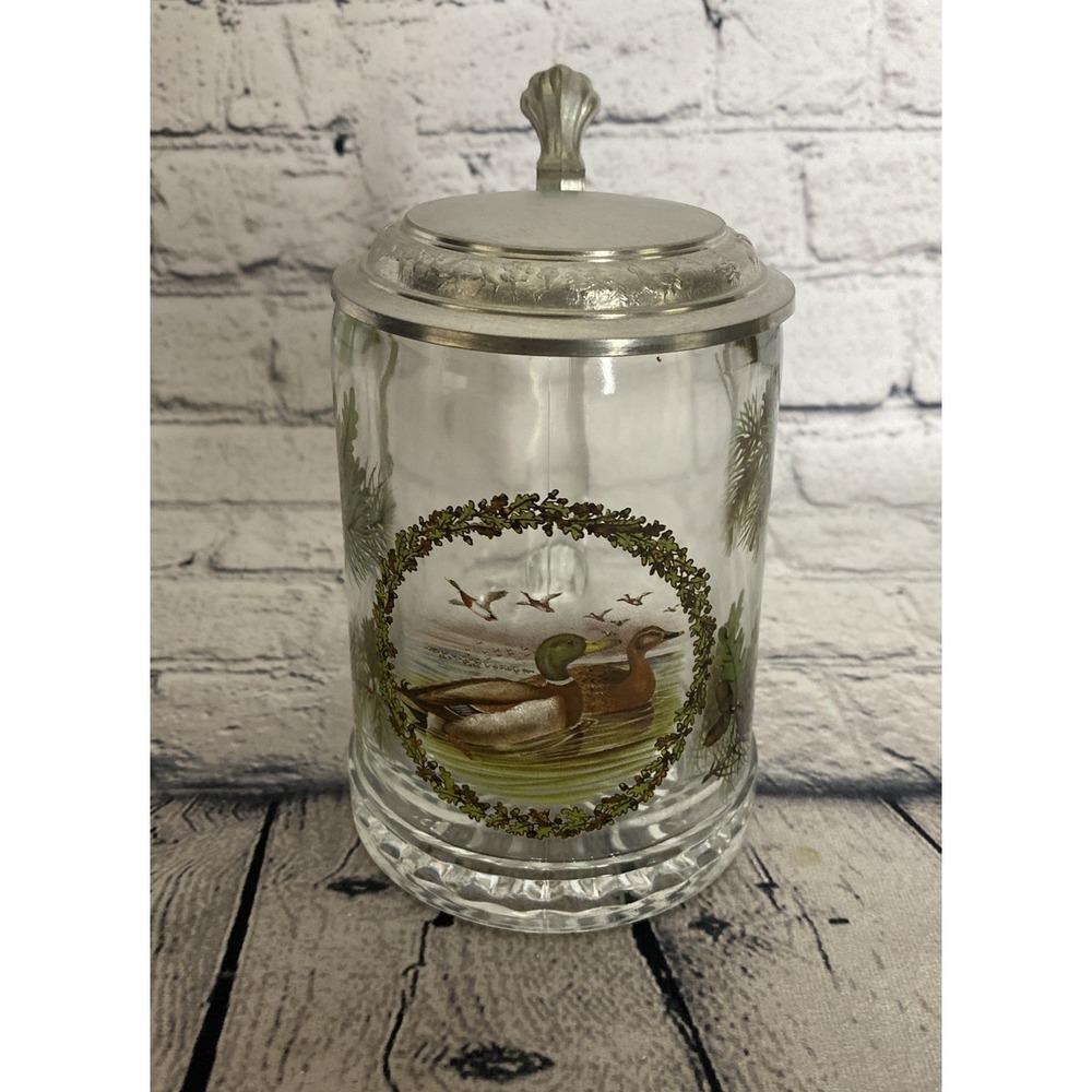 Vintage German Glass Beer Mallards Stein With Pewter Finish
